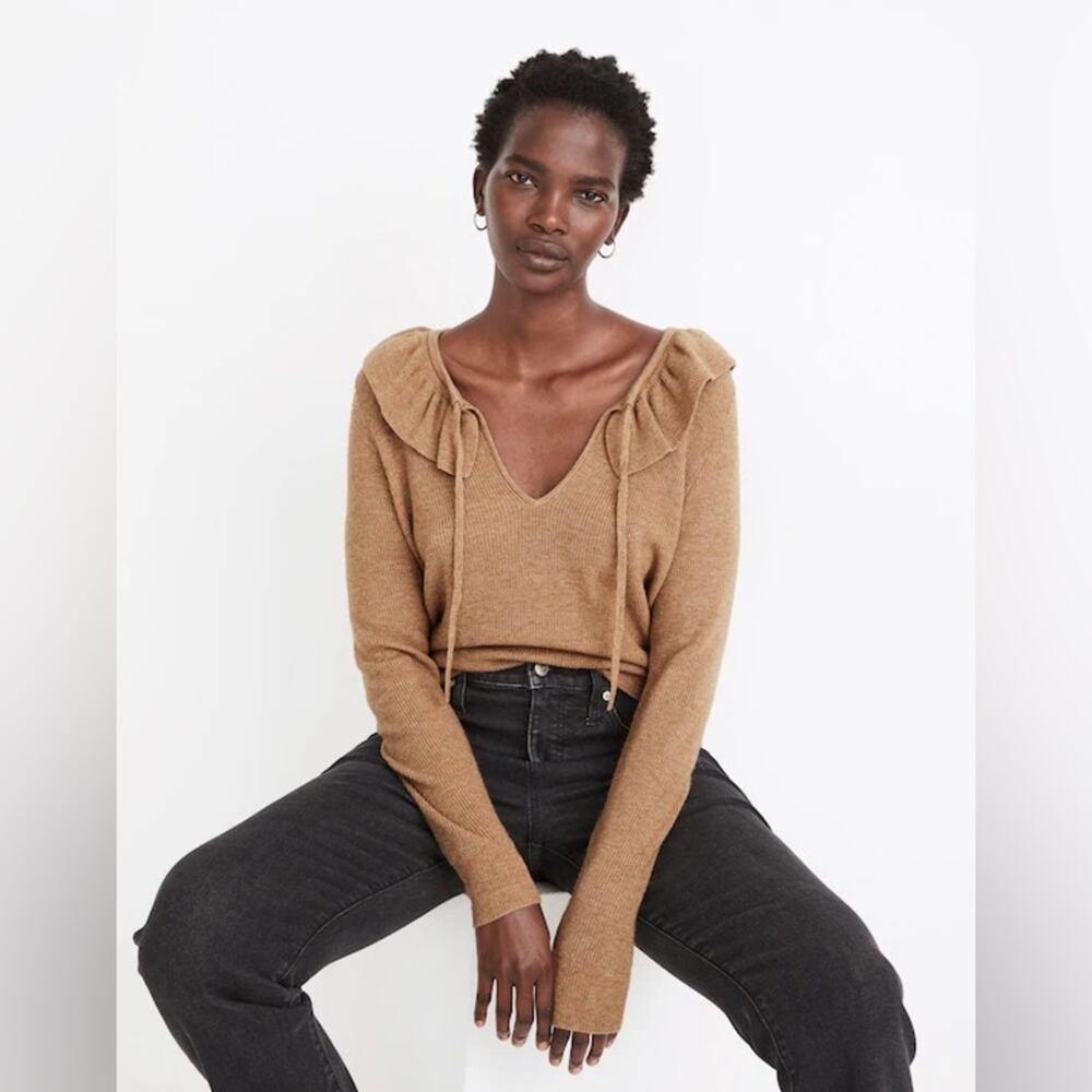 MADEWELL Tie-Neck Ruffle Pullover Brown Tan Merino Wool Blend Sweater Size XL